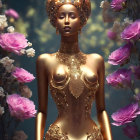 Golden humanoid figure with ornate headdress amidst pink flowers