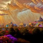 Fantastical landscape featuring ornate palace and lush gardens under vibrant sky