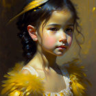 Young girl in yellow feathered attire with melancholic expression