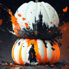 Halloween Scene with Stacked Pumpkins and Cloaked Figure