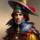 Colorful Feathers and Military Uniform with Blue and Gold Details