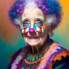 Elderly Woman in Colorful Clown Makeup and Costume