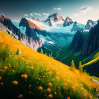 Scenic landscape with yellow flowers, mountains, and river