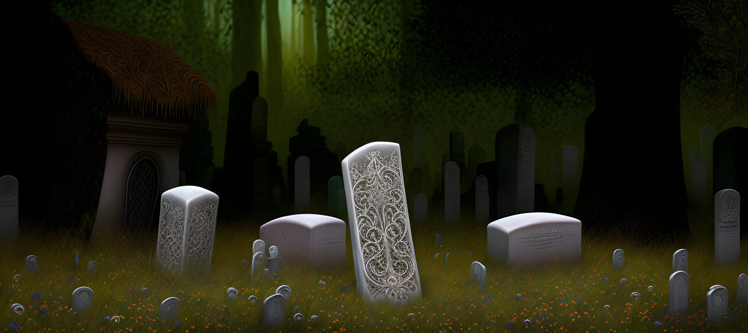 Detailed Nighttime Graveyard Scene with Intricate Tombstones