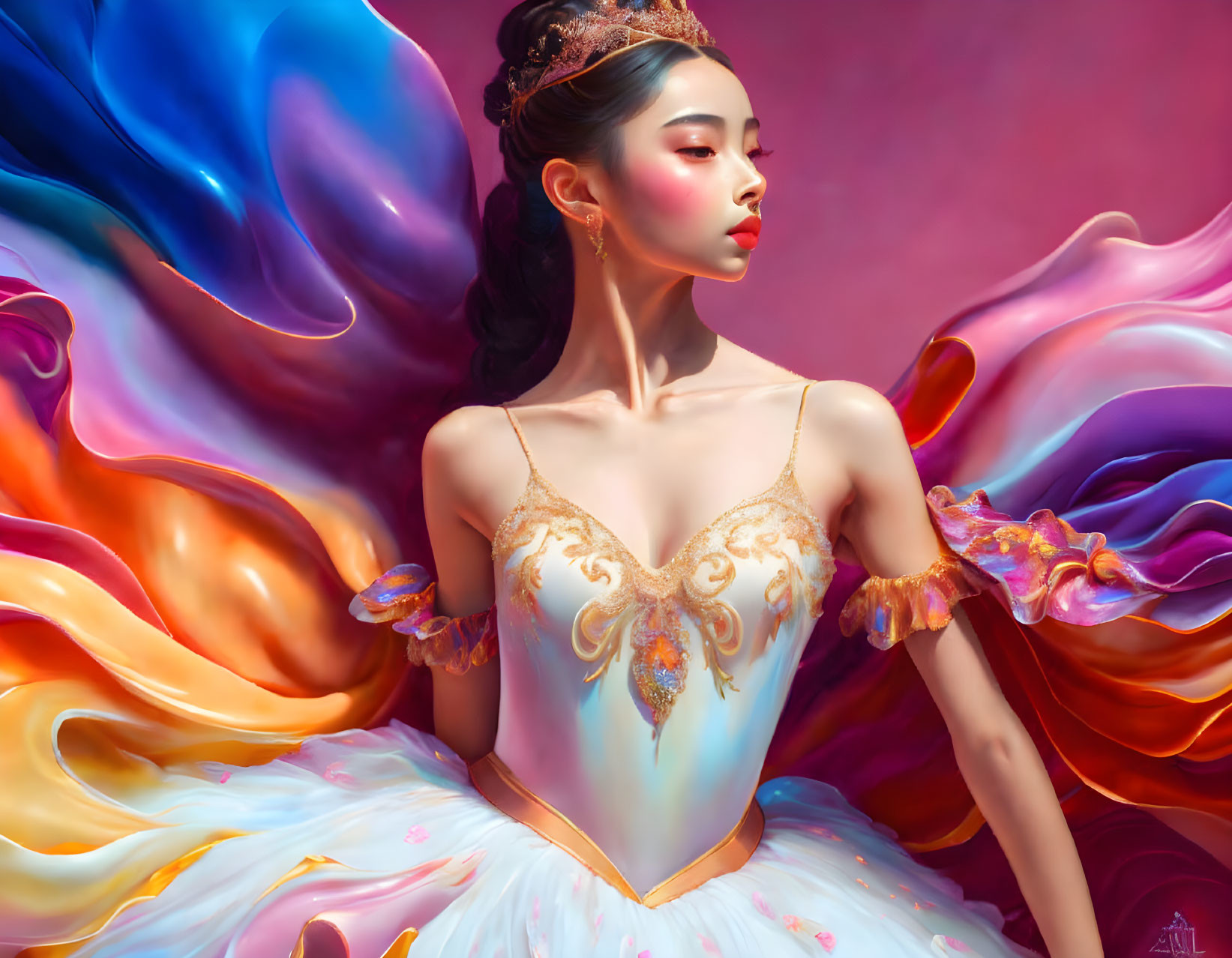 Elegant woman in ornate ballet costume against vibrant background