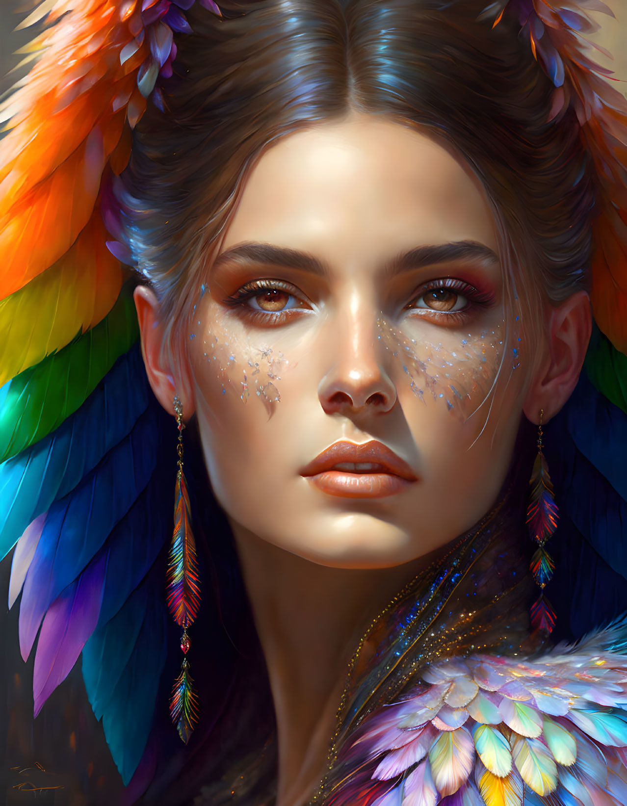 Multicolored feathered wings and sparkling freckles on a woman in digital portrait