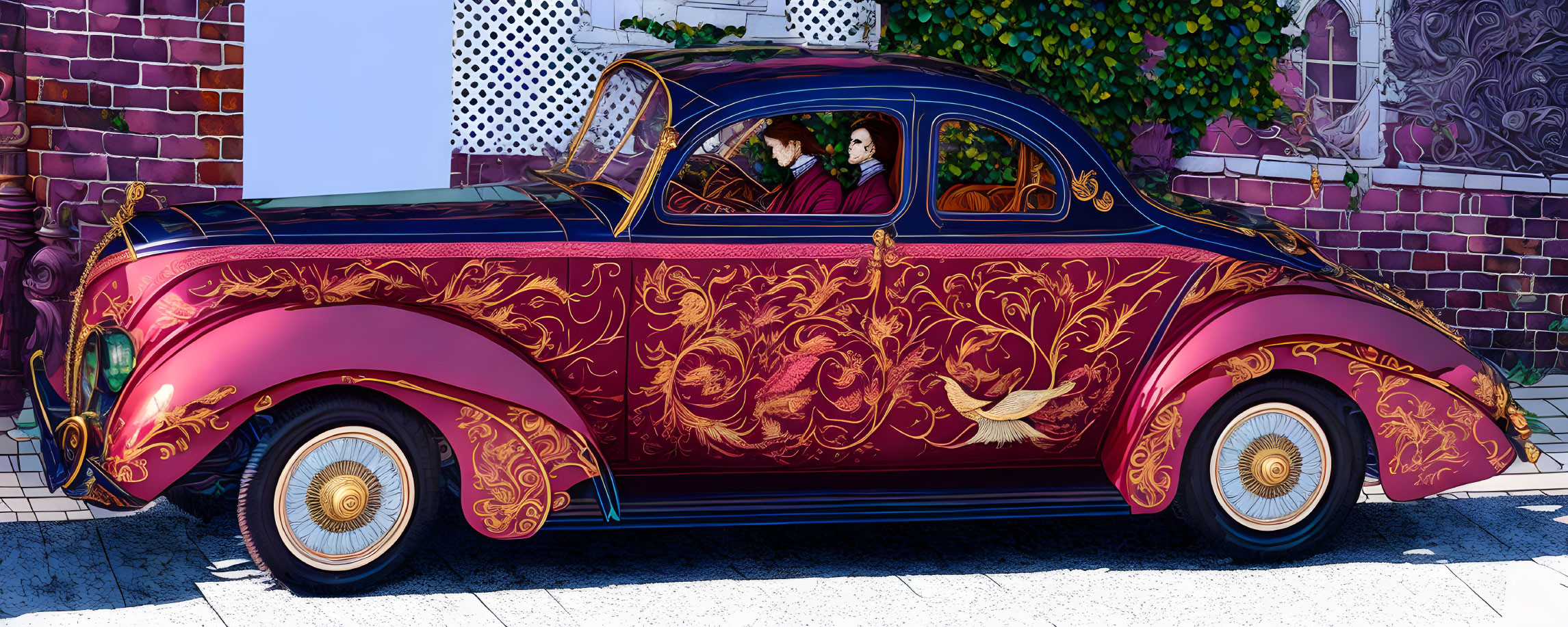 Vintage car with gold-patterned detailing parked next to brick wall, two people inside.