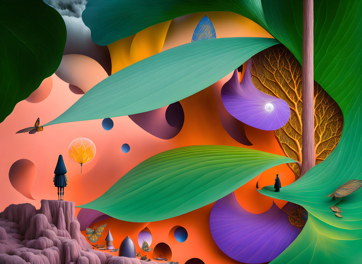 Colorful surreal landscape with oversized leaves and whimsical figures