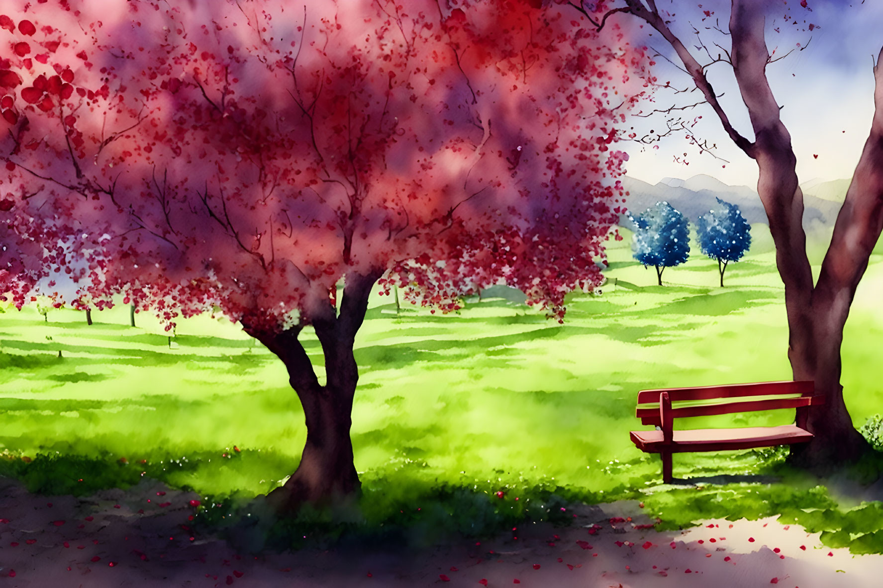 Serene park scene with red bench and blooming trees