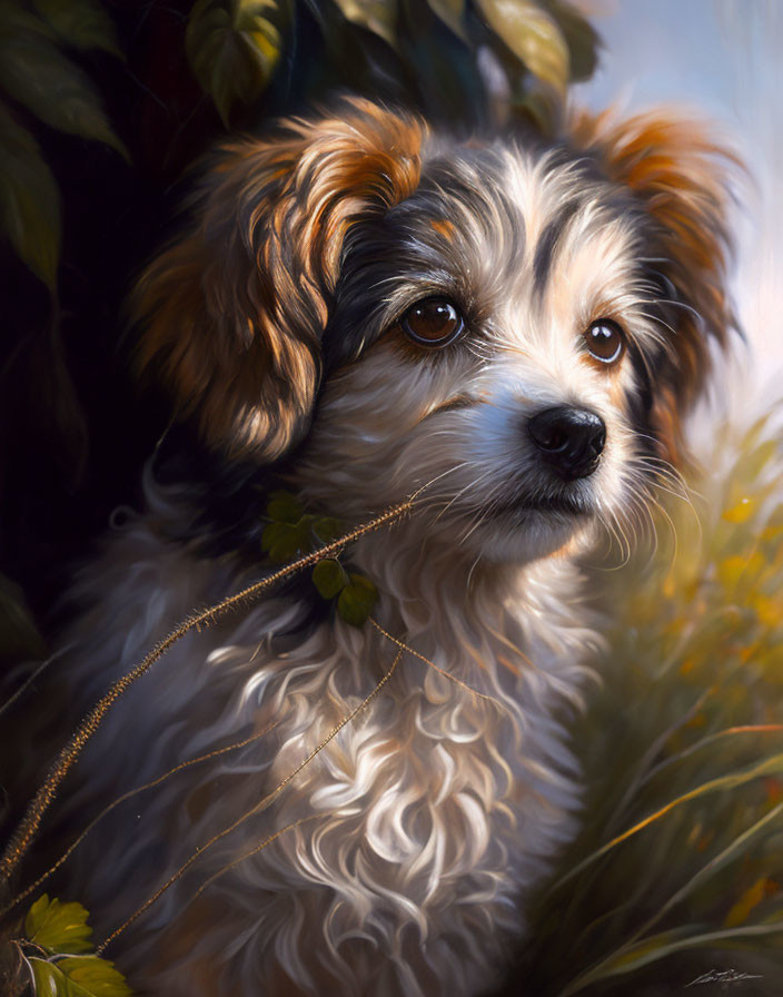 Realistic painting of fluffy white and brown dog in lush green foliage