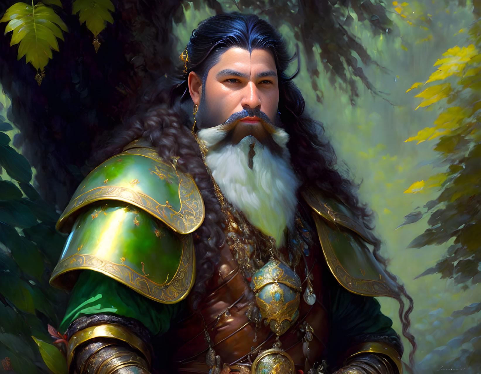 Male fantasy warrior with thick mustache in green armor in autumn forest