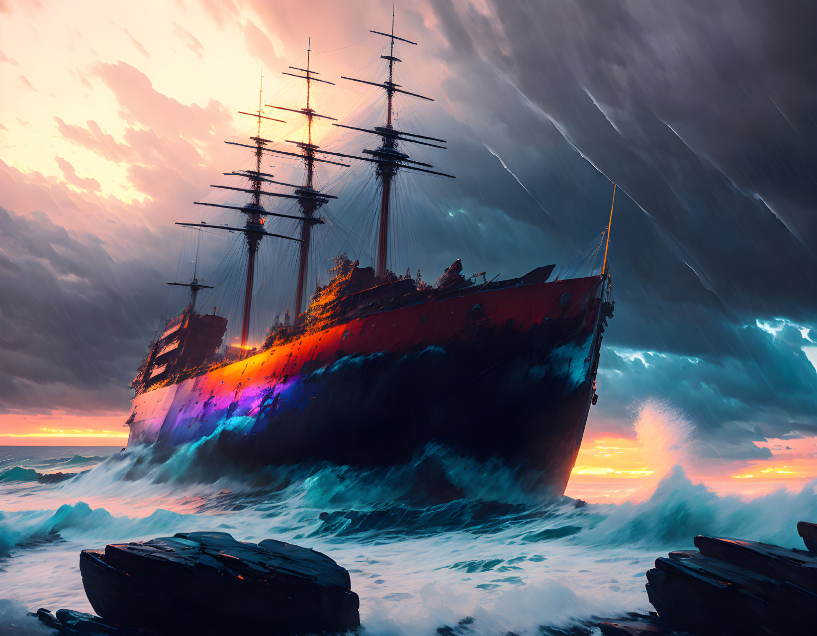 Sailing ship in stormy seas at sunset with vibrant hues