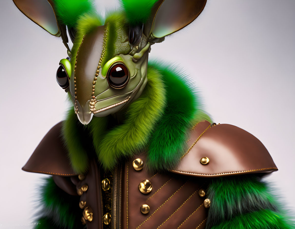 Detailed 3D illustration of anthropomorphic insect character in green fur, large eyes, brown leather outfit