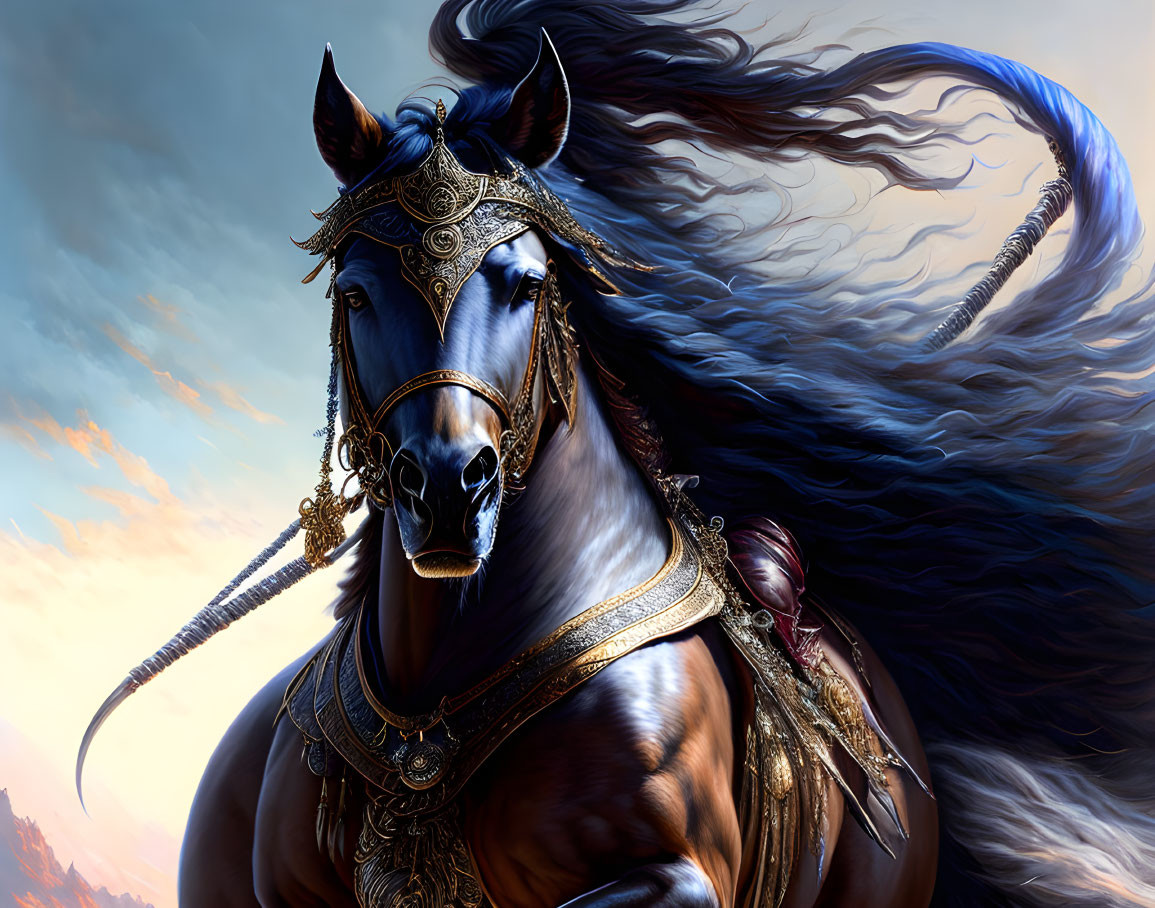 Majestic horse with flowing mane and ornate bridle under dramatic sky