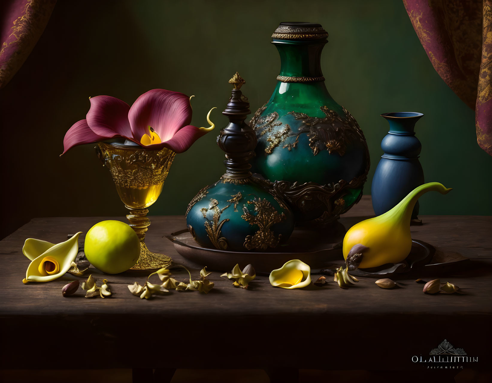 Green ornate vase, candle holder, calla lily, fruits, and petals on wooden surface