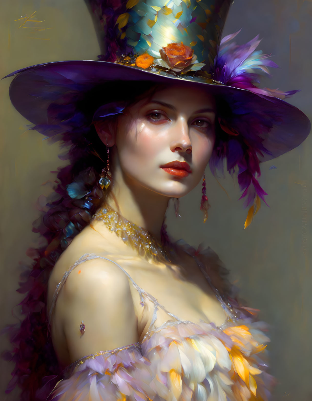 Elegant woman in feathered hat and dress exudes sophistication