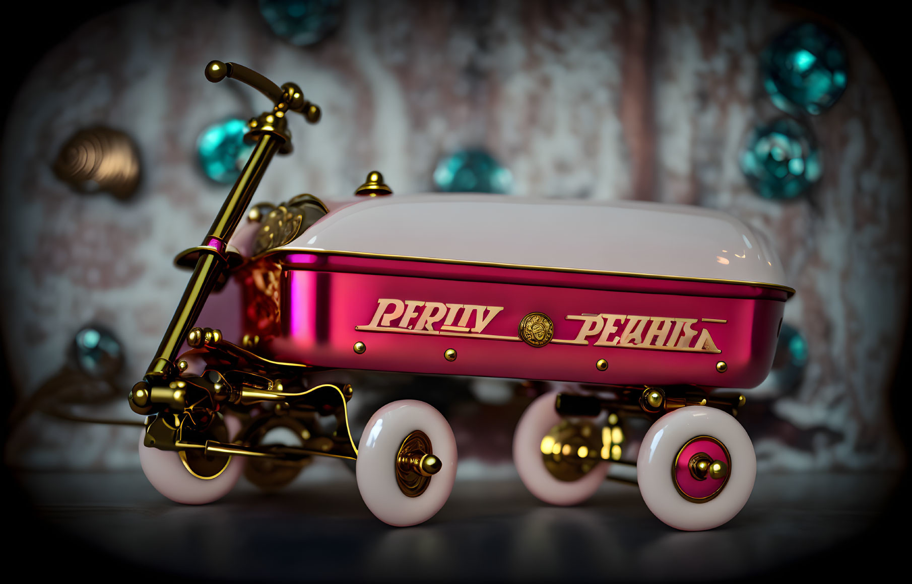 Pink and Gold Retro-Futuristic Tricycle with Cyrillic Letters on Teal Ornaments Background