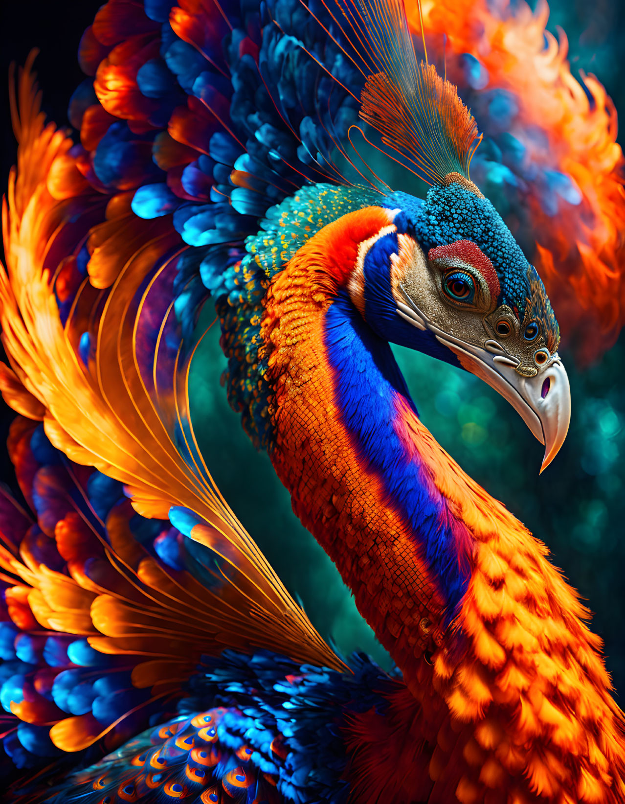 Colorful Peacock Displaying Vibrant Blue, Orange, and Gold Plumes