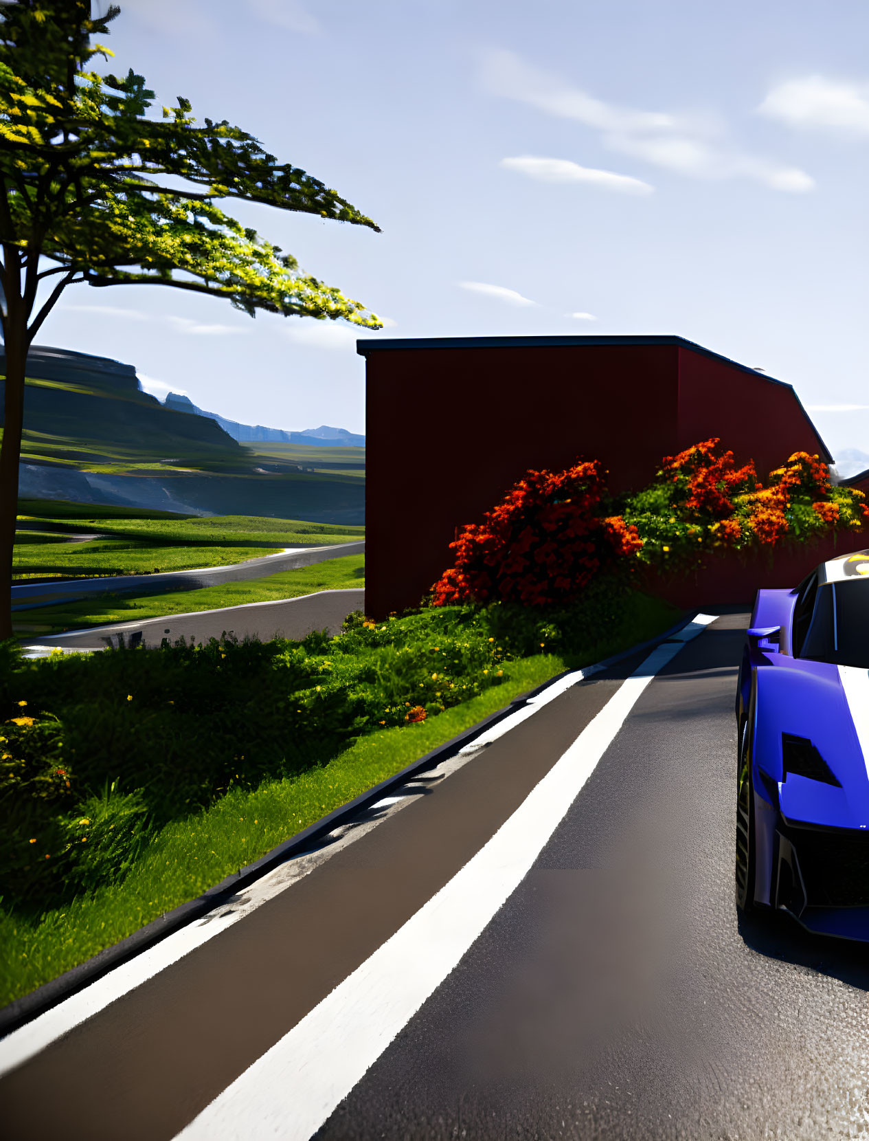 Blue Sports Car Parked Near Red Building and Flowering Bushes on Road with Green Hills and Clear