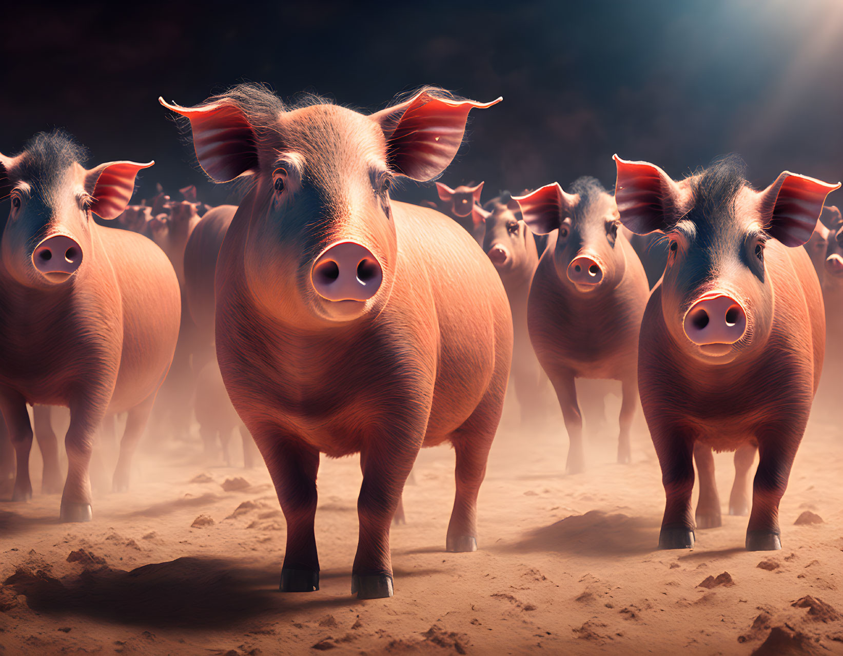 Cartoon Herd of Pigs in Dramatic Backlit Scene