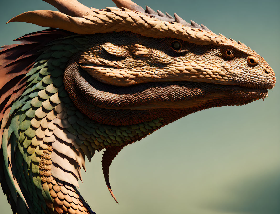 Detailed Dragon Head with Textured Scales and Horns on Soft-focus Background