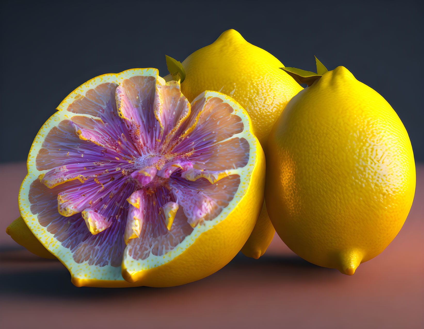 Vibrant Purple and Yellow Lemon Cross-Section with Whole Lemons