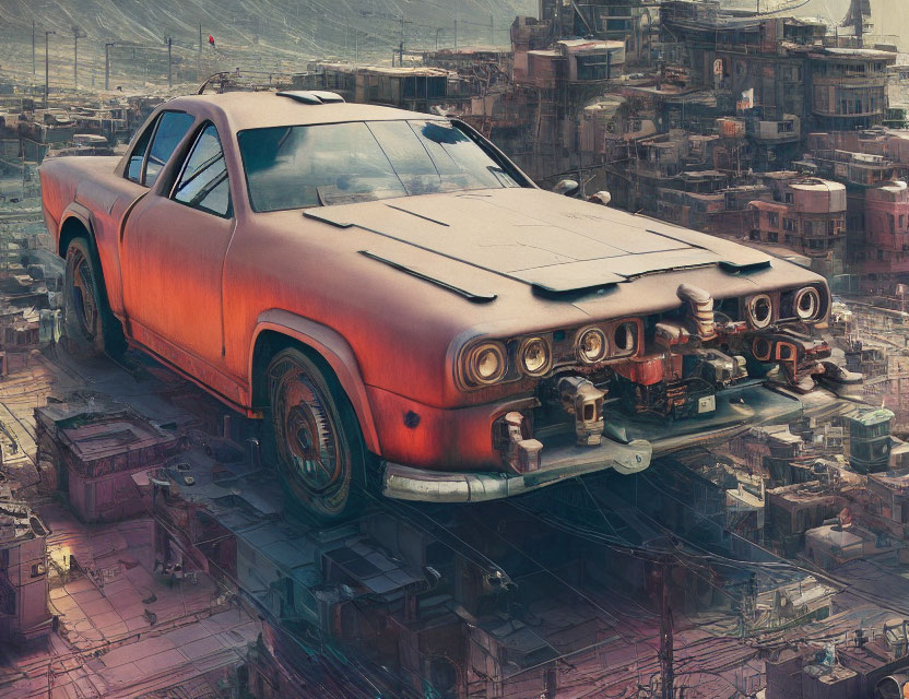 Exaggerated engine retro-futuristic car on hover platform above cyberpunk cityscape