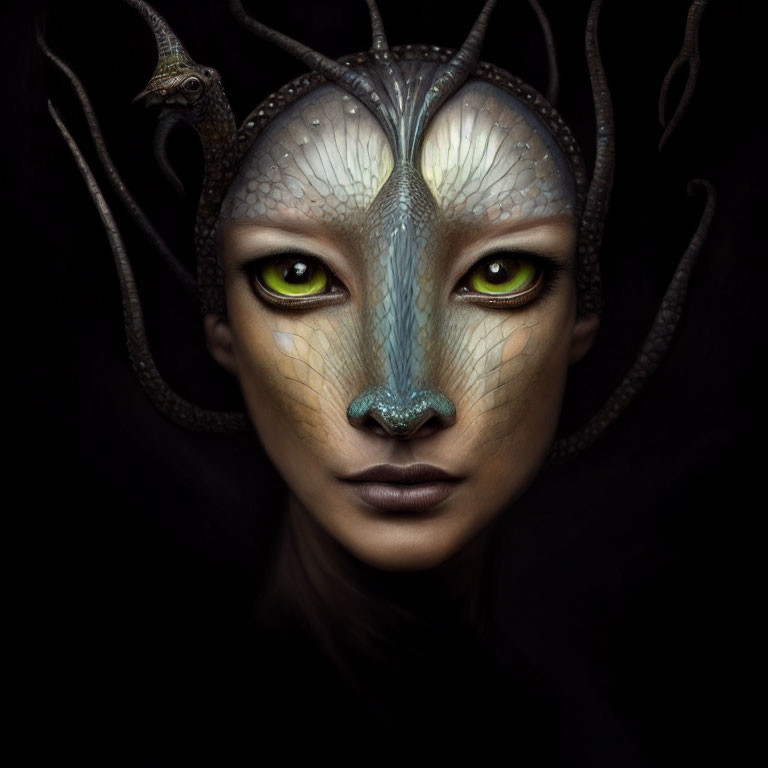 Fantastical humanoid figure with reptilian features and serpent atop against dark background