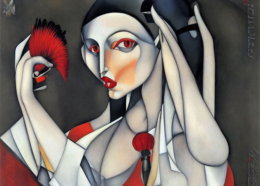 Surrealist stylized portrait of a woman with red lips and feather fan