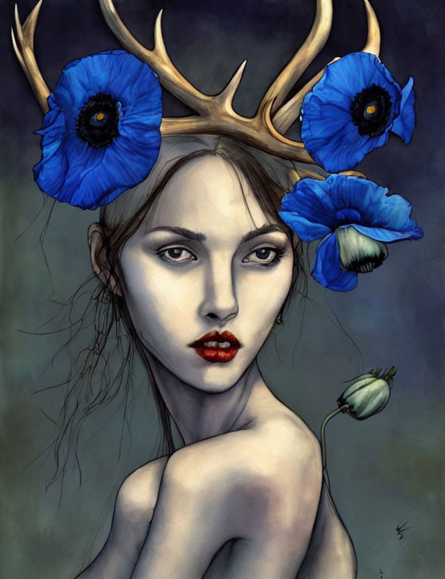 Woman with Antlers and Blue Poppies: Mystical Illustration