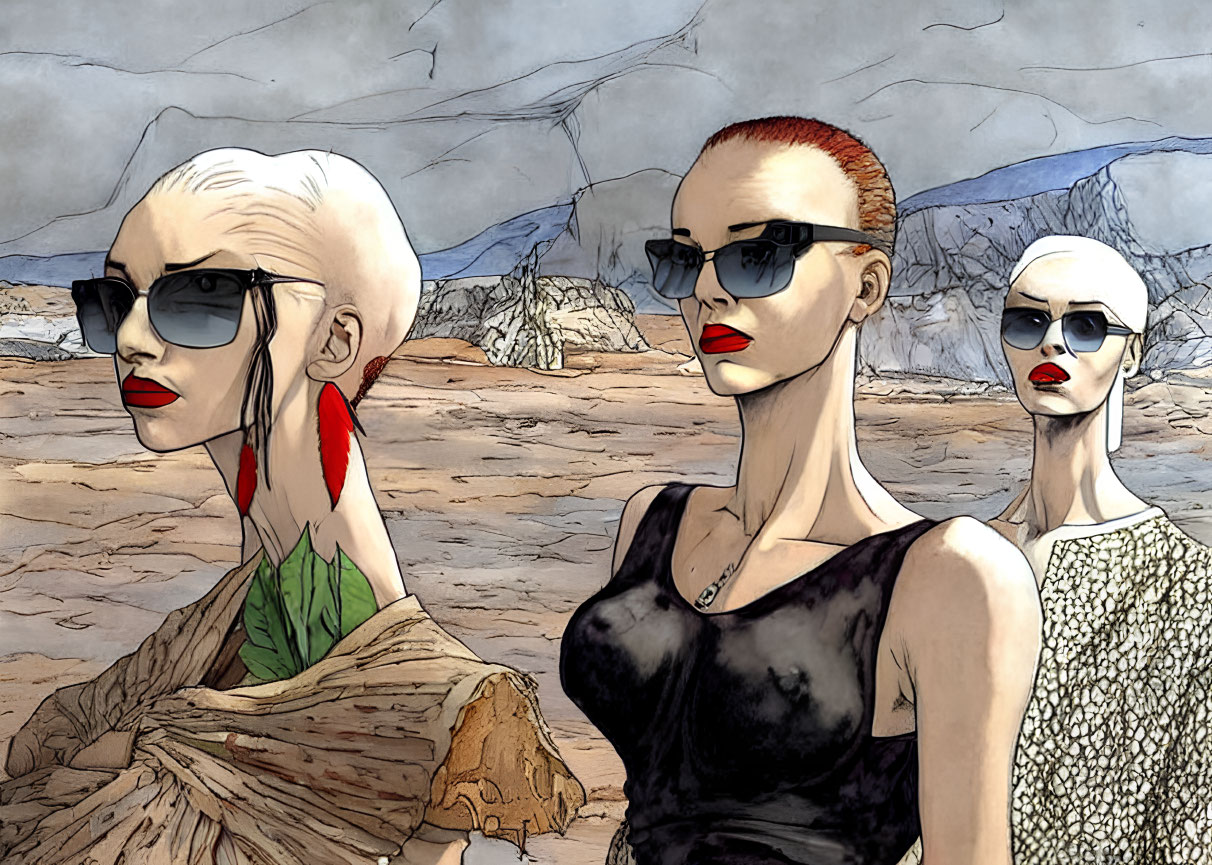 Stylized mannequins with sunglasses in desert setting