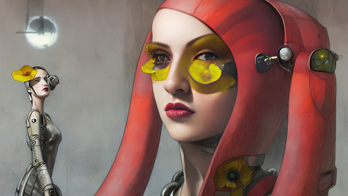 Digital Artwork: Woman in Red Hood with Yellow Goggles and Robot in Futuristic Setting