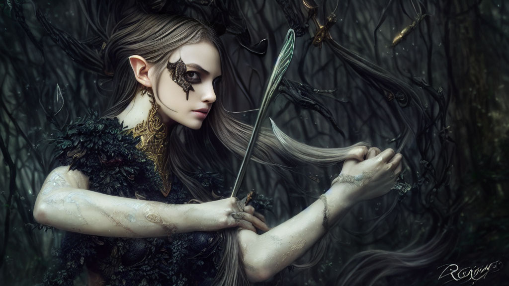 Fantasy elf with bow, eye patch, tattoos in mystical forest