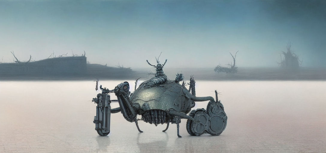 Mechanical Bug-Like Humanoid Creature in Hazy Landscape