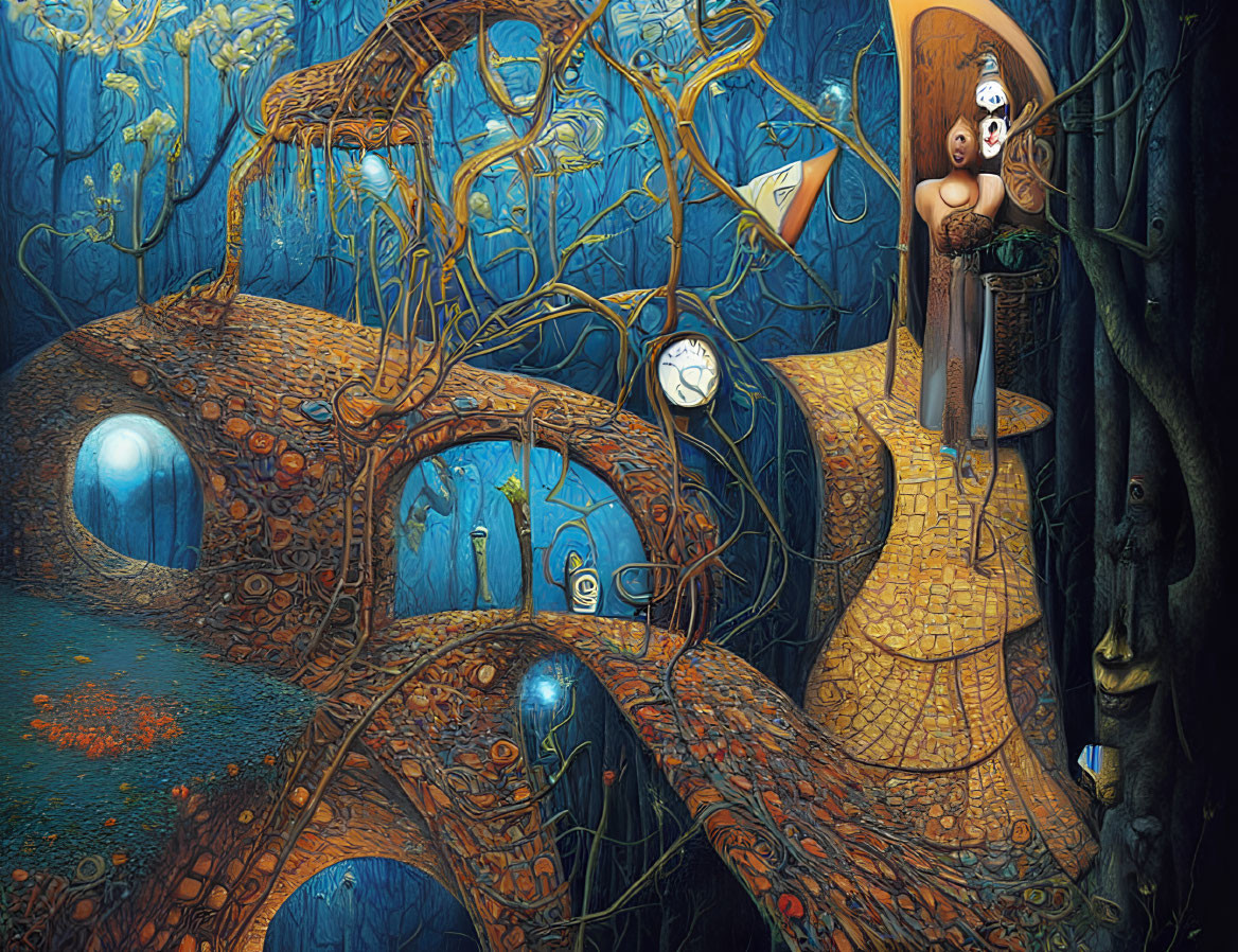 Vibrant surreal artwork: otherworldly forest with whimsical structures and anthropomorphic trees.