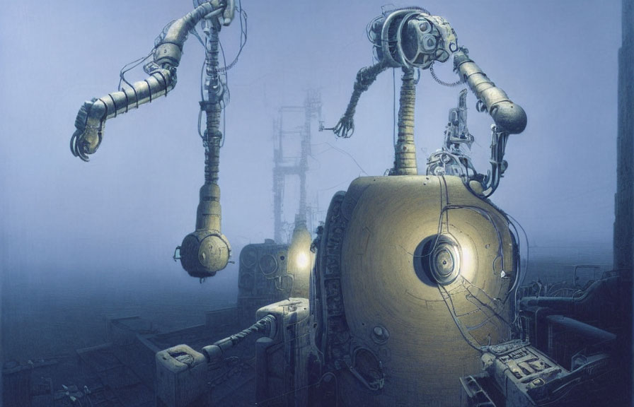 Underwater scene with robotic arms and lit hub among submerged structures