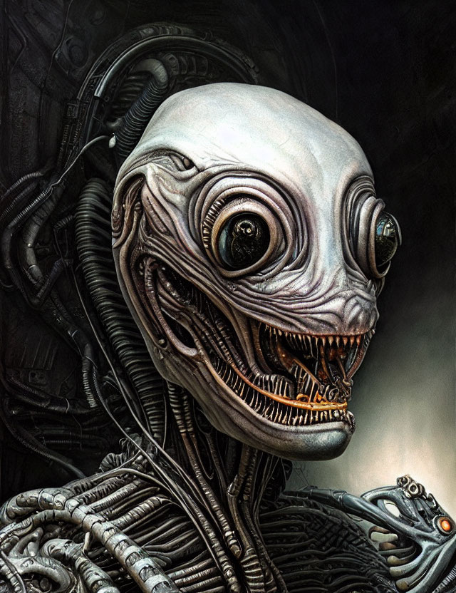 Detailed biomechanical creature with hoses, round eyes, metal teeth, and cybernetic body