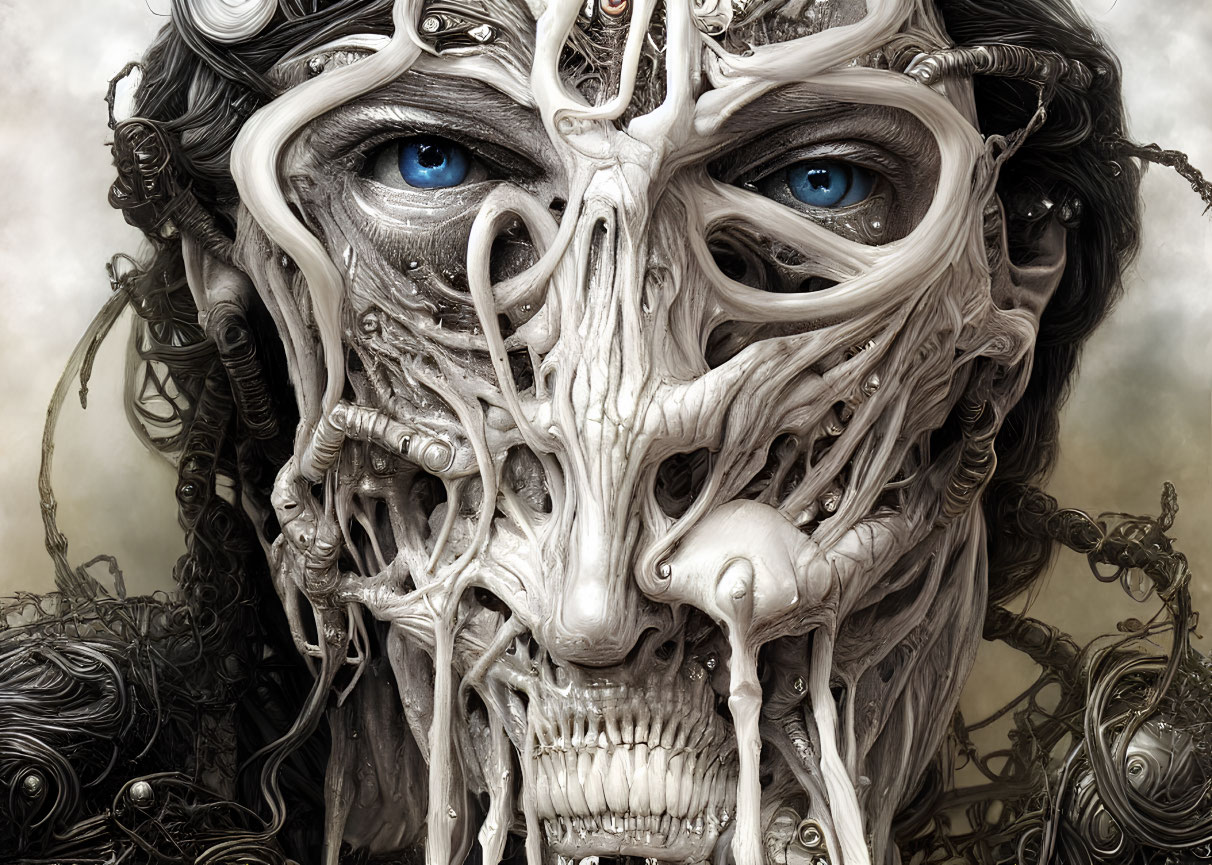 Intricate face art blending organic and mechanical elements