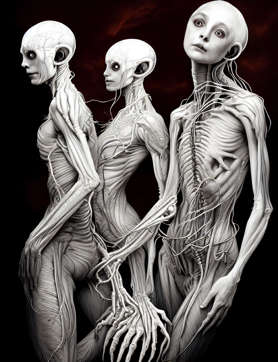 Detailed humanoid figures with elongated heads and large eyes on dark background