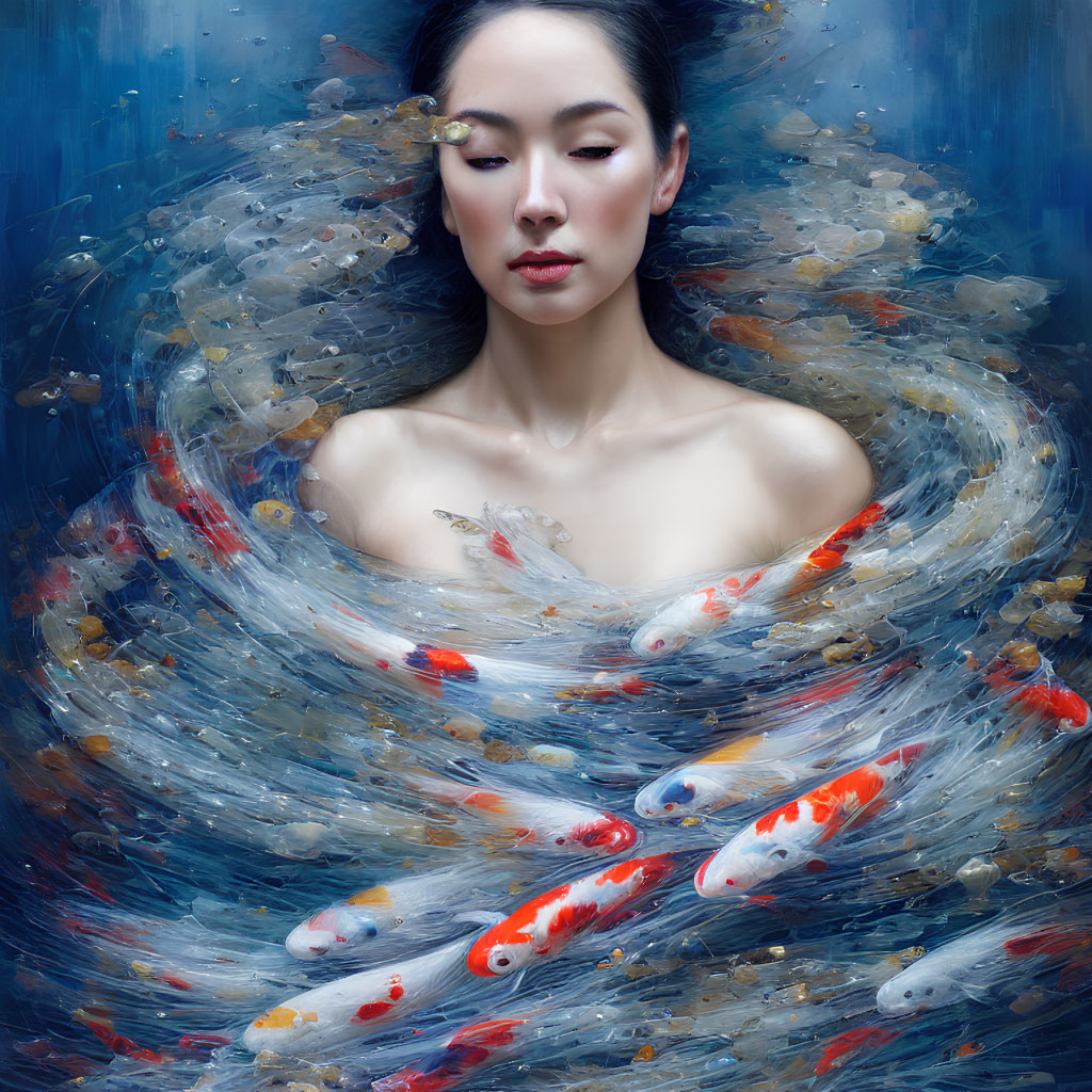 Woman Submerged in Water Surrounded by Colorful Koi Fish