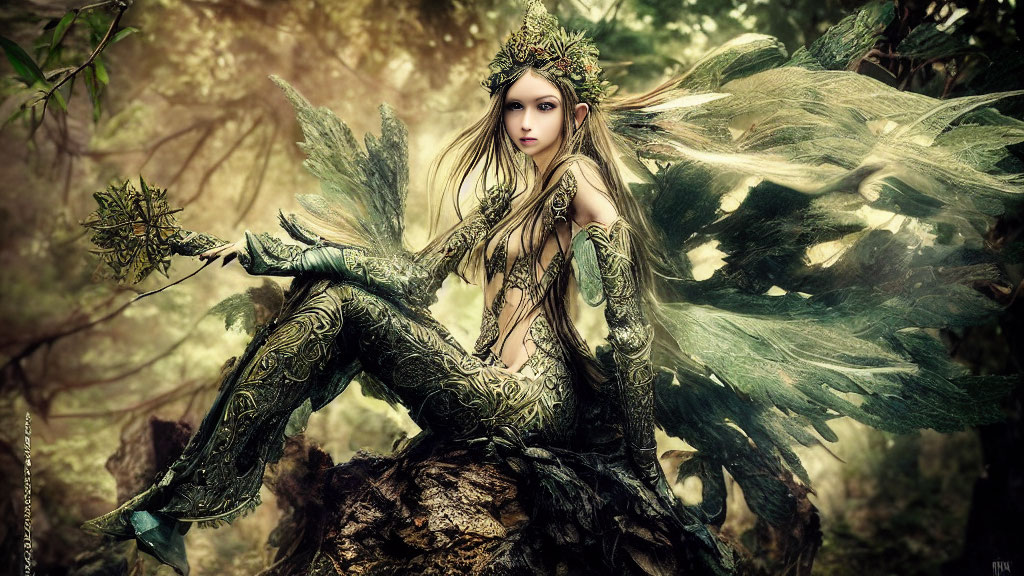 Female figure in metallic armor with wings, sitting on tree in lush forest with staff