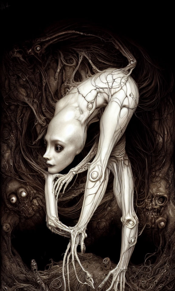 Surreal artwork of humanoid figure in dark, organic environment