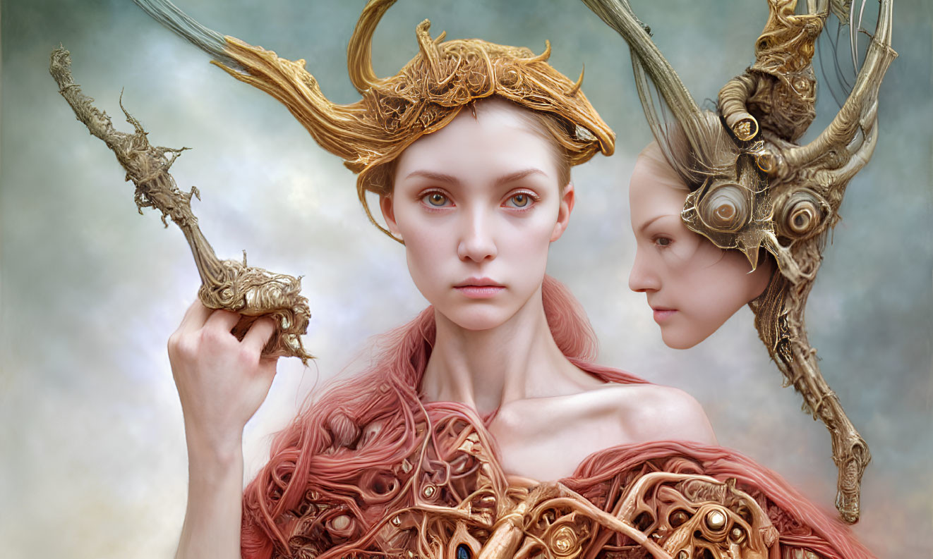 Fantastical image of a woman in golden antler-like headgear and armor with staff and mirror