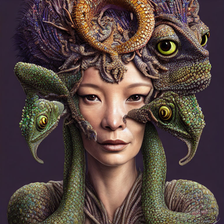 Composite headpiece blending woman's features with chameleons and horns.