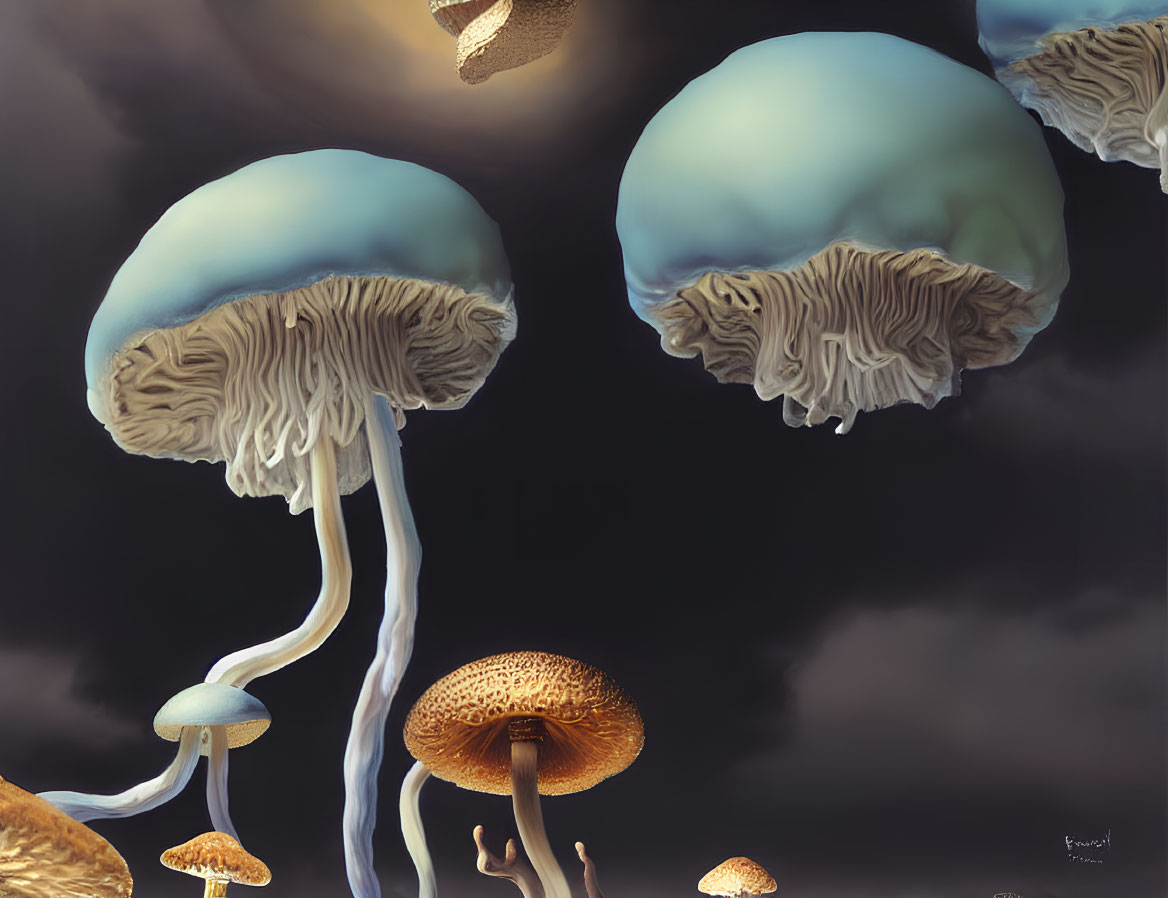 Surreal artwork: Jellyfish-like mushrooms in dark sky with traditional mushroom.