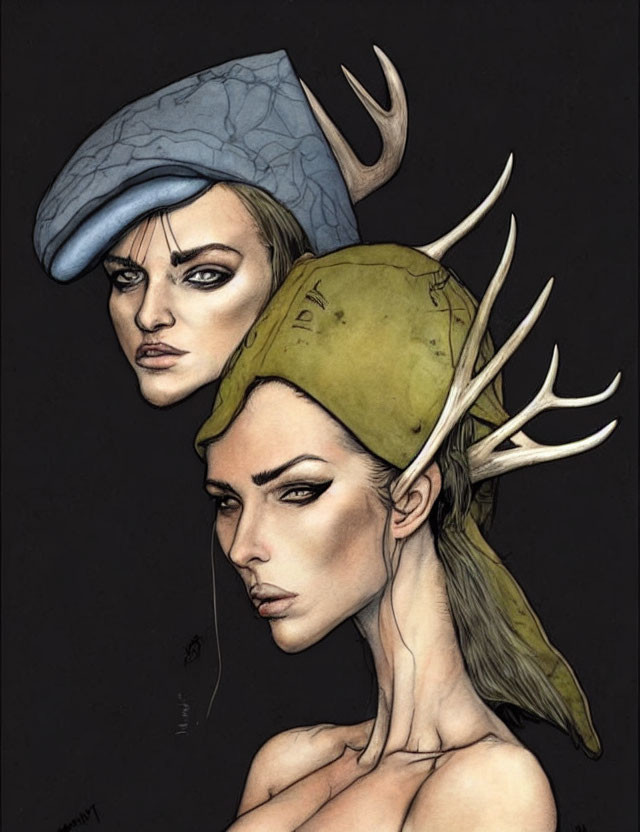 Surreal artwork featuring two stylized female faces with unique hats