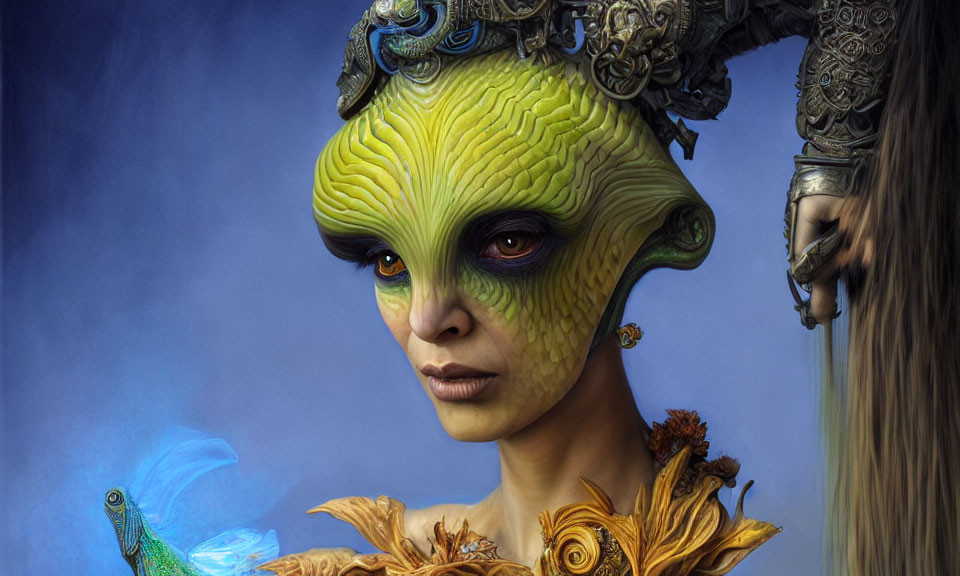 Green-skinned humanoid with ornate headdress and large black eyes.