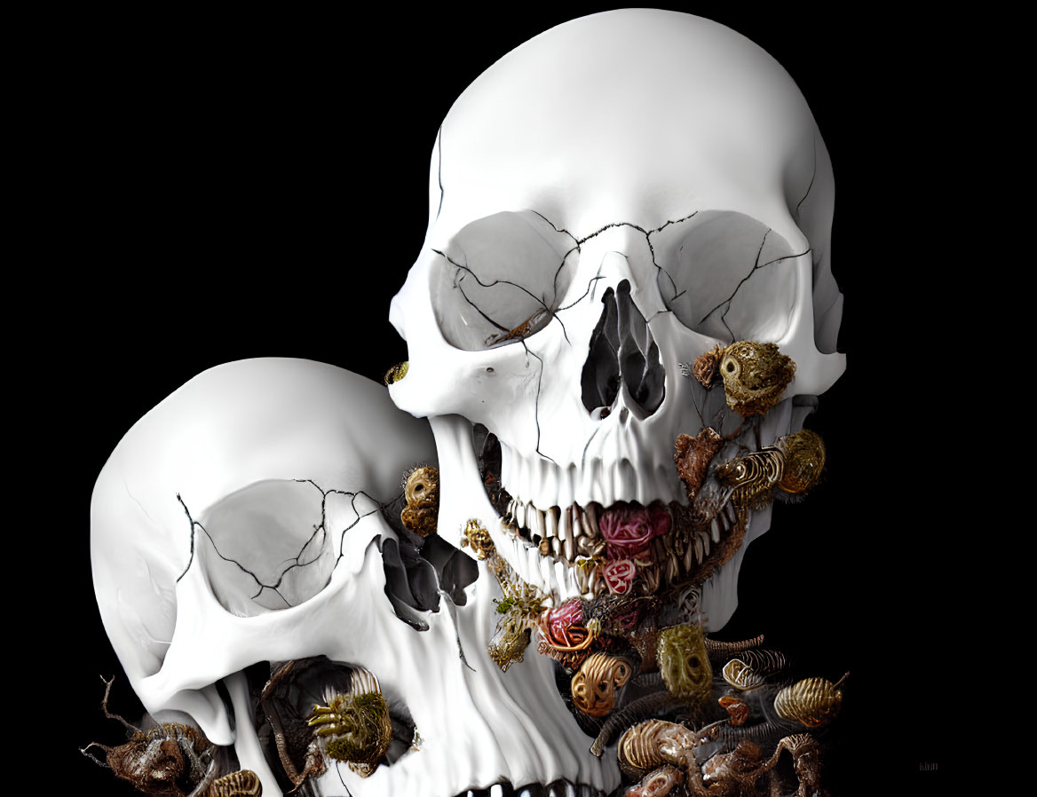 Surreal image: Two skulls with grotesque creatures in dark setting