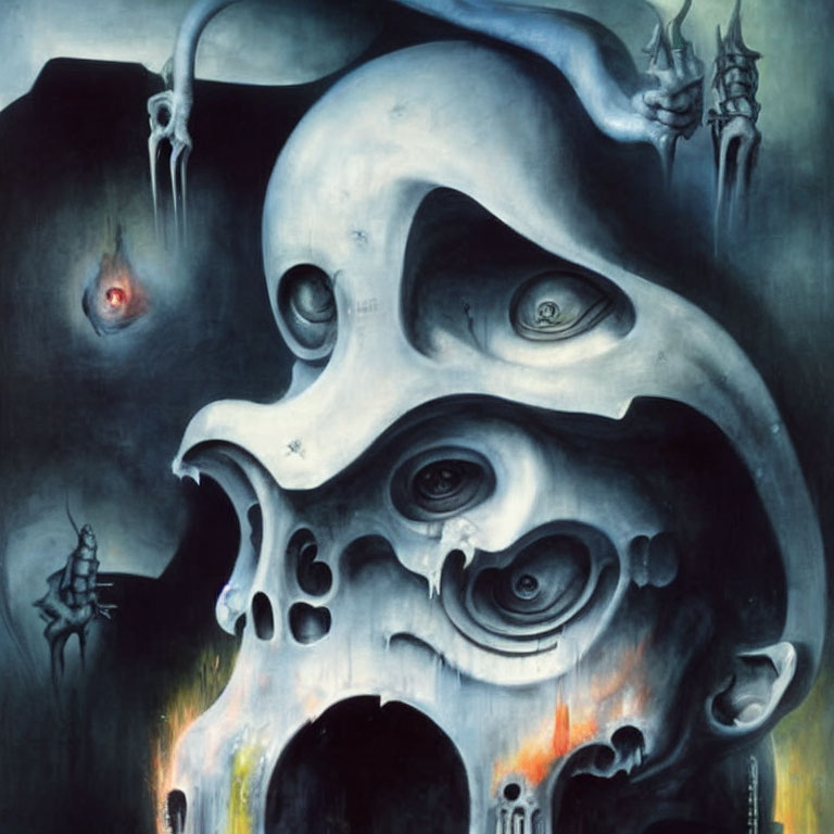 Surrealist painting of skull with haunting figures in gloomy atmosphere