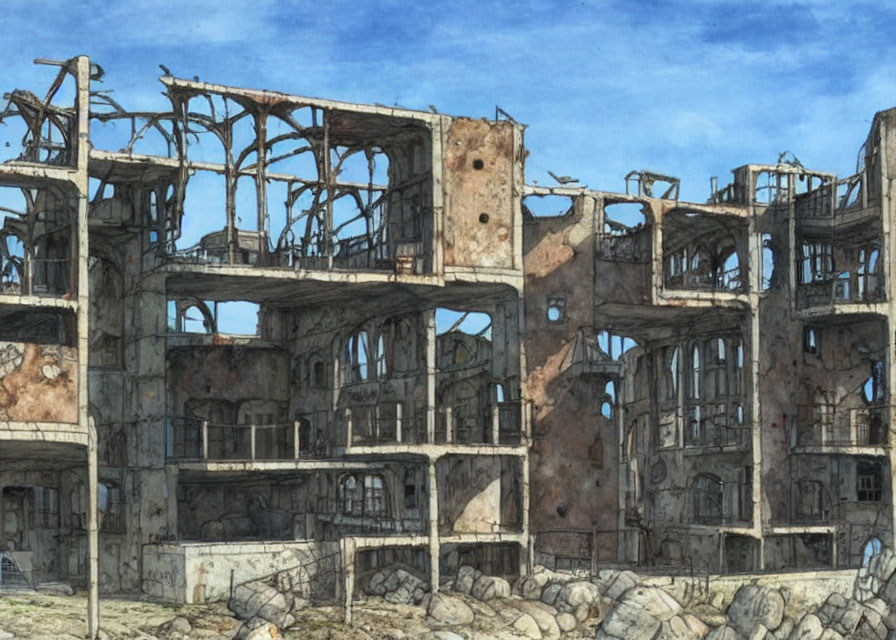 Decaying multi-story building ruins with exposed beams and holes.